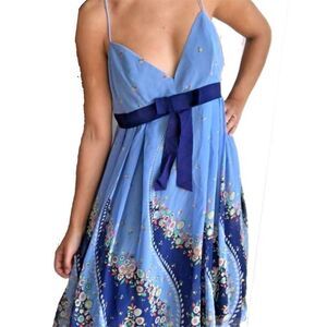Anna Sui Anthropologie M VTG 12 Blue Babydoll Dress Floral Silk Y2K Paisley Boho